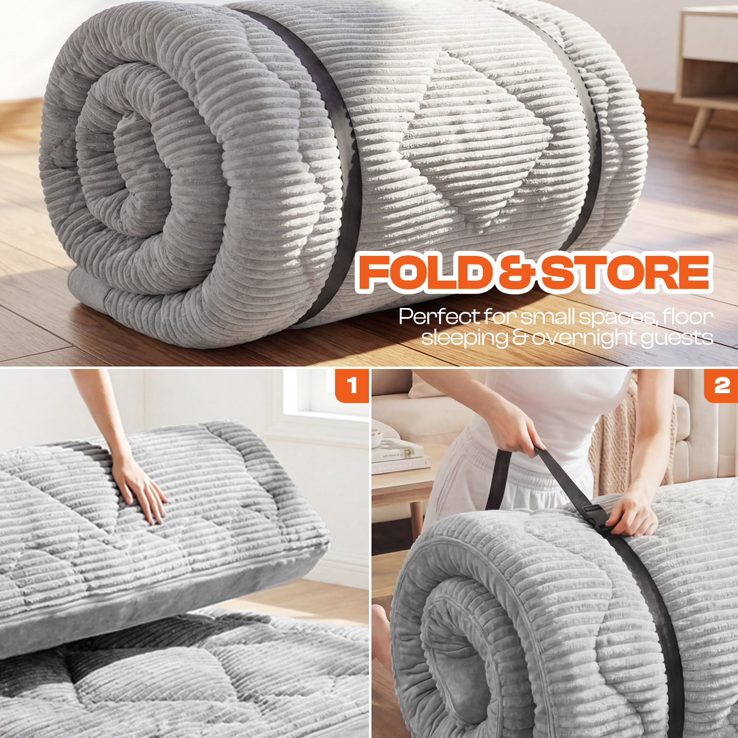 CHIC LINK Japanese Futon Mattress, 6 Inch Double Layer Corduroy Floor Bed with High-Density Foam, Foldable Tatami Mat for Sleeping, Portable Guest Bed for Adults Kids Camping, Gray, Full Size