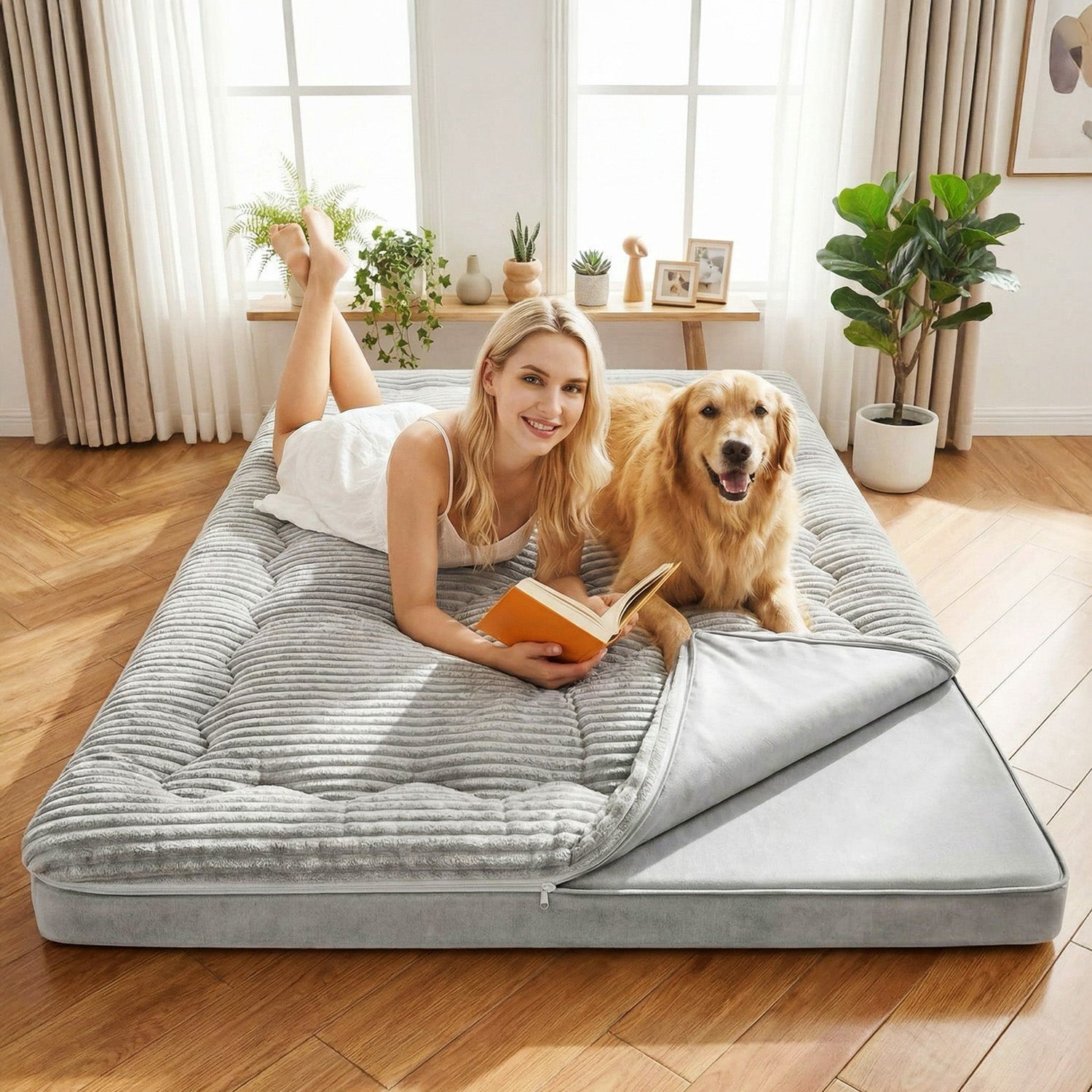 CHIC LINK Japanese Futon Mattress, 6 Inch Double Layer Corduroy Floor Bed with High-Density Foam, Foldable Tatami Mat for Sleeping, Portable Guest Bed for Adults Kids Camping, Gray, Full Size