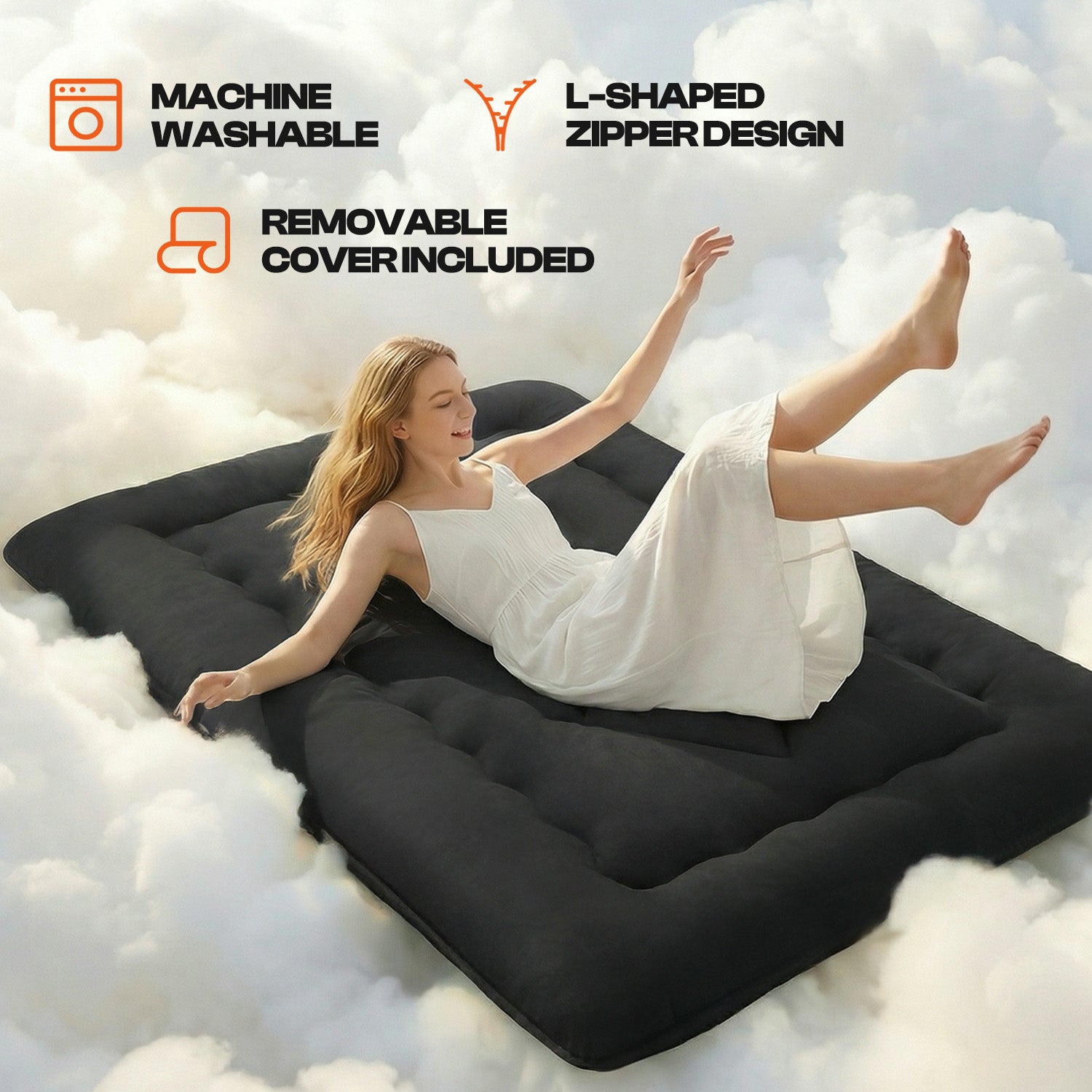 CHIC LINK 4" Thick Japanese Futon Mattress - Space Saving Foldable Floor Bed for Guests, Dorms & Kids Rooms, Portable Tatami Mat with Firm Support & Carry Strap Queen Black
