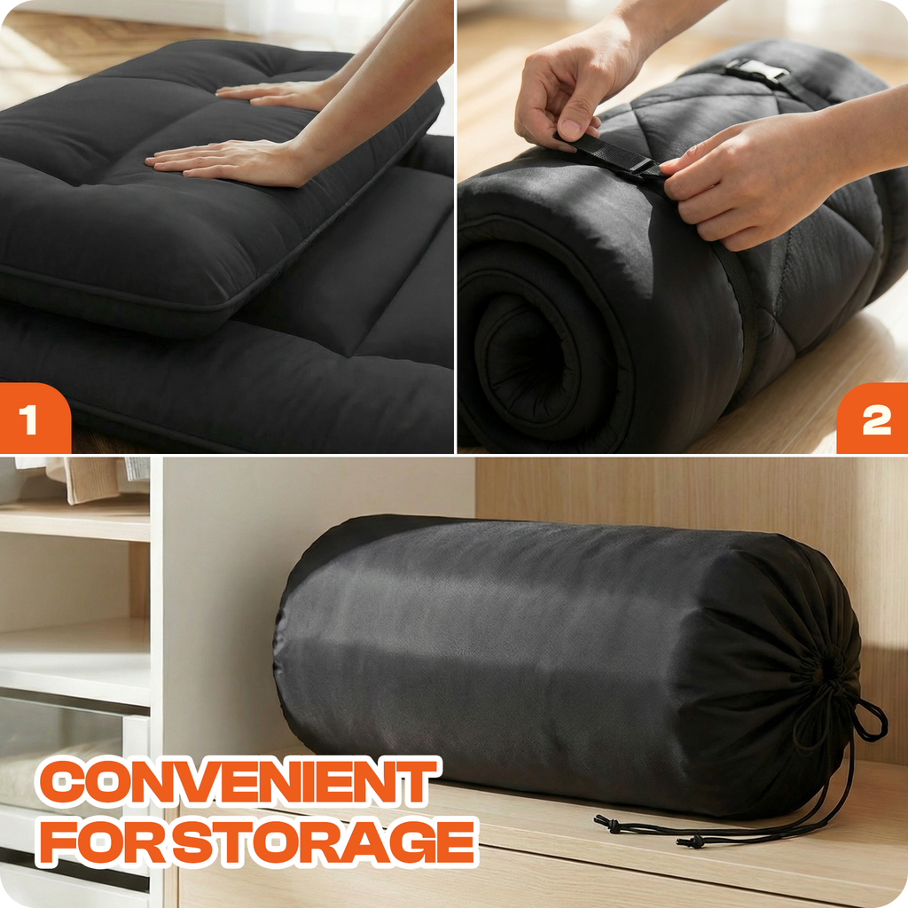 CHIC LINK 4" Thick Japanese Futon Mattress - Space Saving Foldable Floor Bed for Guests, Dorms & Kids Rooms, Portable Tatami Mat with Firm Support & Carry Strap Queen Black