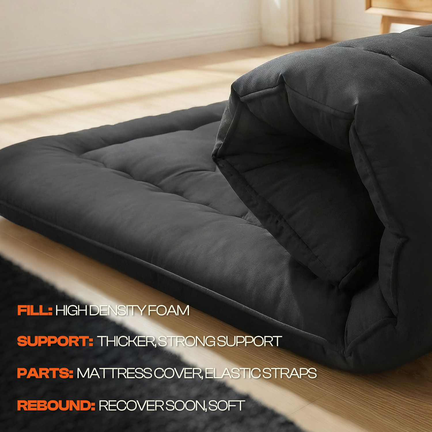 CHIC LINK 4" Thick Japanese Futon Mattress - Space Saving Foldable Floor Bed for Guests, Dorms & Kids Rooms, Portable Tatami Mat with Firm Support & Carry Strap Queen Black