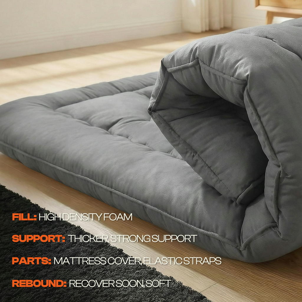 CHIC LINK 4" Thick Japanese Futon Mattress - Space Saving Foldable Floor Bed for Guests, Dorms & Kids Rooms, Portable Tatami Mat with Firm Support & Carry Strap Full Gray