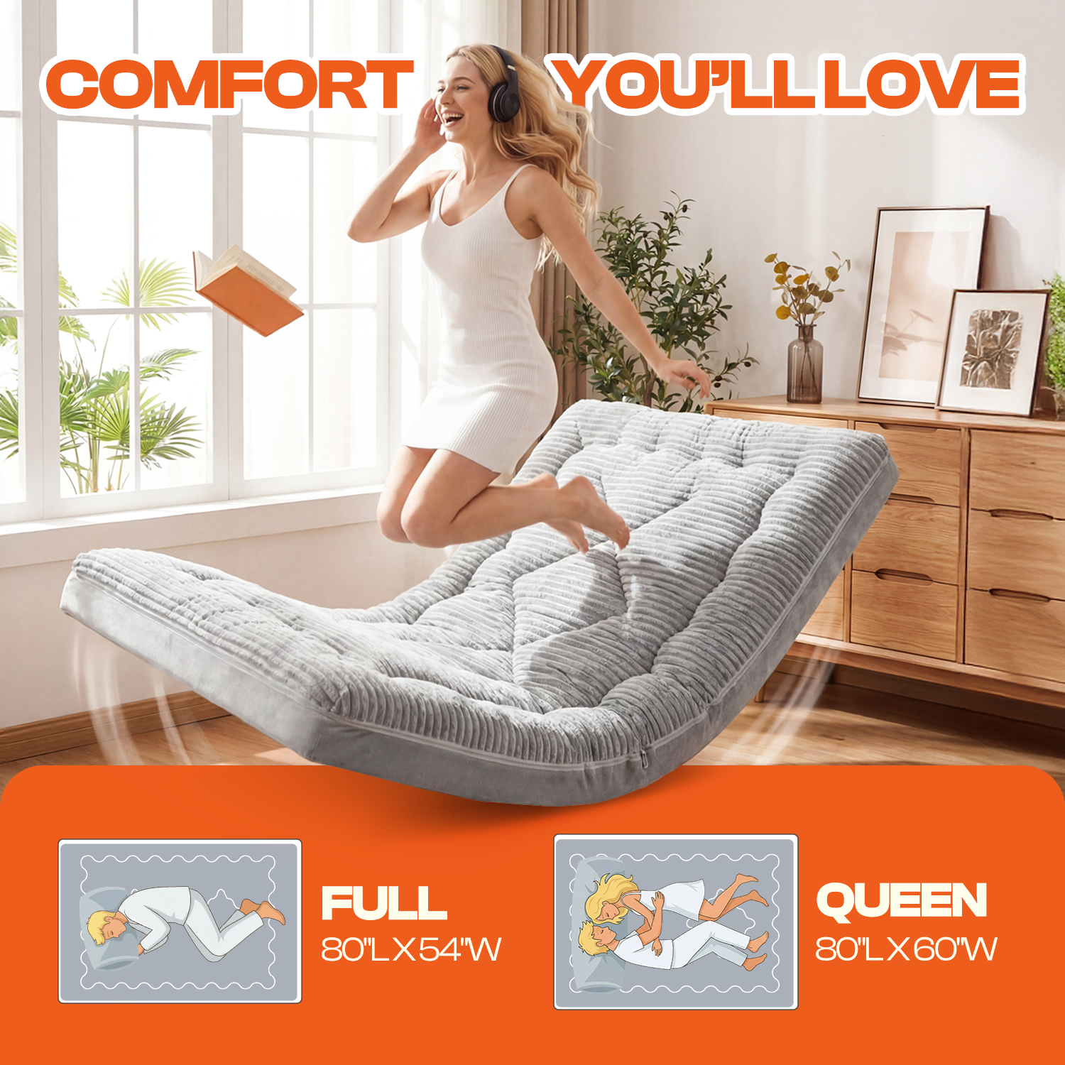 CHIC LINK Japanese Futon Mattress, 6 Inch Double Layer Corduroy Floor Bed with High-Density Foam, Foldable Tatami Mat for Sleeping, Portable Guest Bed for Adults Kids Camping, Gray, Full Size