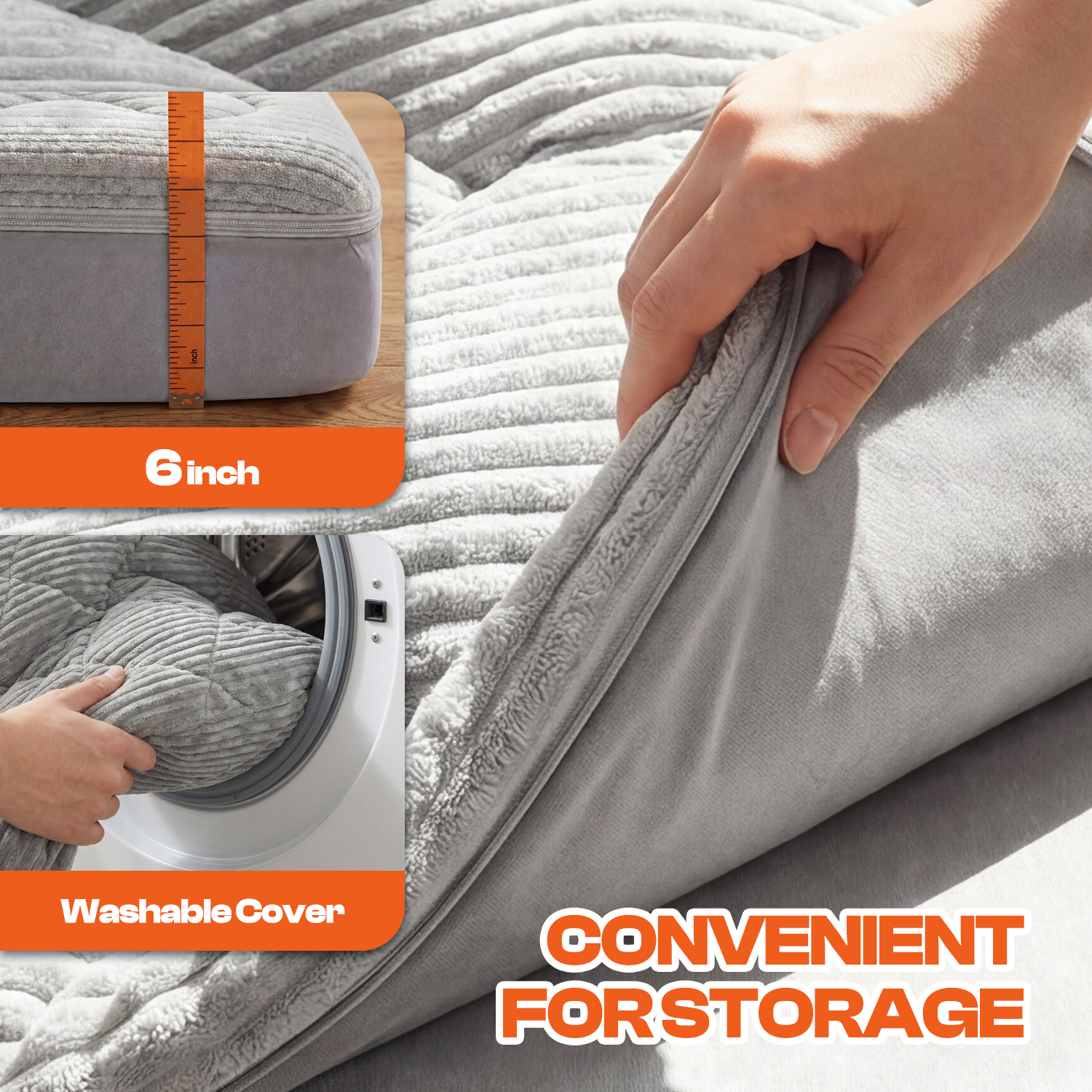 CHIC LINK Japanese Futon Mattress, 6 Inch Double Layer Corduroy Floor Bed with High-Density Foam, Foldable Tatami Mat for Sleeping, Portable Guest Bed for Adults Kids Camping, Gray, Full Size